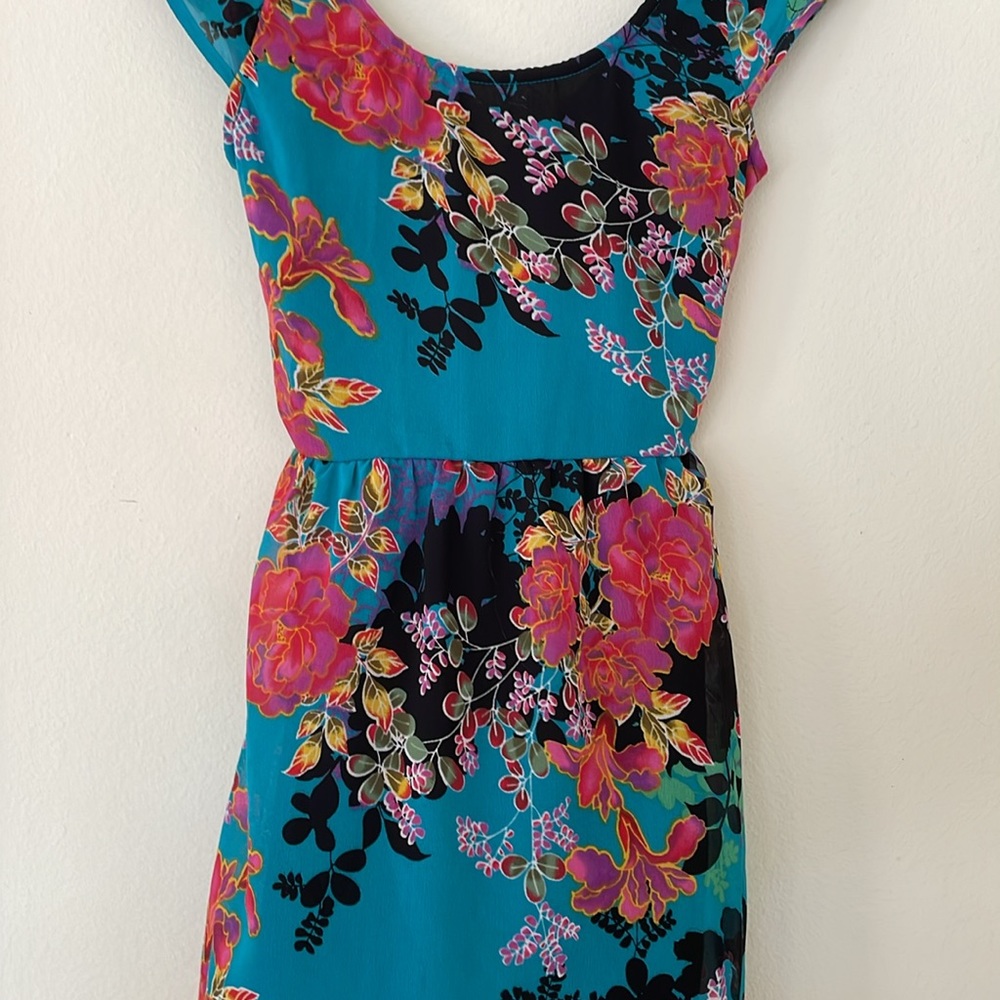 Floral lace-back dress 💙 teal and pink with other colors, colorful dress